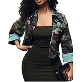 xxxiticat Women's Camoufalge Print Fall Jacket Long Sleeve Button Camo Cargo Lightweight Casual Button Crop Bomber Coat