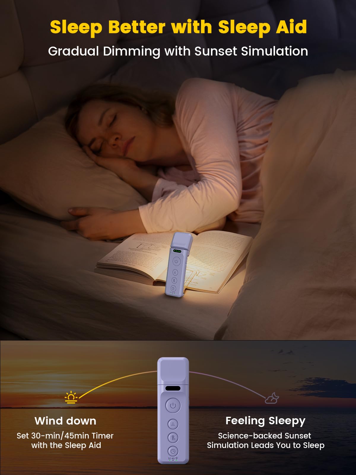 Glocusent 14 LED Sleep Aid Reading Light, Eye Caring Book Light for Reading in Bed, 3 Colors & 5 Brightness Stepless Adjustable, Rechargeable for 90 Hrs with Timer, Perfect Book Lamp for Bookworms