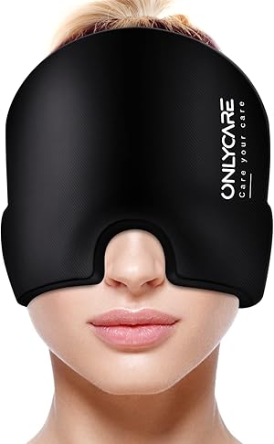 ONLYCARE Migräne Maske, Upgraded Migräne Kühlmaske Schlafmaske Kühlmütze Kühlhaube 360° Gel Surround kühlpads zur Linderung von Migräne, Kopfschmerzen, Druck