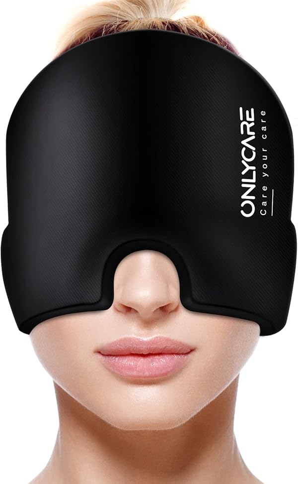 ONLYCARE Migräne Maske, Upgraded Migräne Kühlmaske Schlafmaske Kühlmütze Kühlhaube 360° Gel Surround kühlpads zur Linderung von Migräne, Kopfschmerzen, Druck
