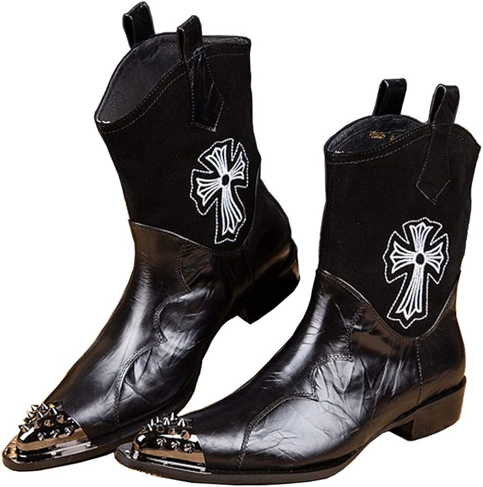 Jsix Men's Real Leather Punk Motorcycle Boots Western Cowboy Boot with