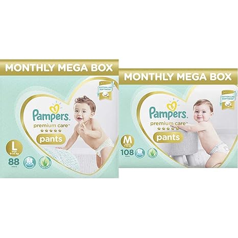 Pampers Premium Care Pants Diapers Monthly Box Pack, Large, 88 Count & Pampers Premium Care Pants Diapers Monthly Box Pack, Medium, 108 Count