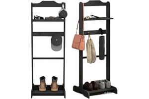 HRVEOCEI Wood Mens Valet Stand,Freestanding Suit Stand&Clothes Butler Valet Stand with Hanger,Tie&Belt Hooks,Shoe Rack,Storage Organizer for Keys,Watches,Wallet,Jewelry in Entrance,Bedroom (Style1, Black)