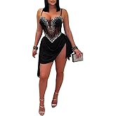 Geulis Women's Sexy Rhinestone Prom Birthday Dresses Mesh Sleeveless Bodysuit Bodycon Mini Party Dress