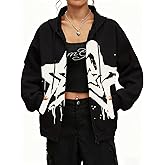 BINTEHGS Star Graphic Zip Up Hoodie for Women Y2k Oversized Hoodie with Zipper Grunge Aesthetic Hooded Streetwear Jacket