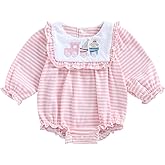 AHUGHAUE Newborn Baby Girl Outfit Bow Embroidery Bubble Romper Striped Ruffle Jumpsuit Cute Long Sleeve Bodysuit Top