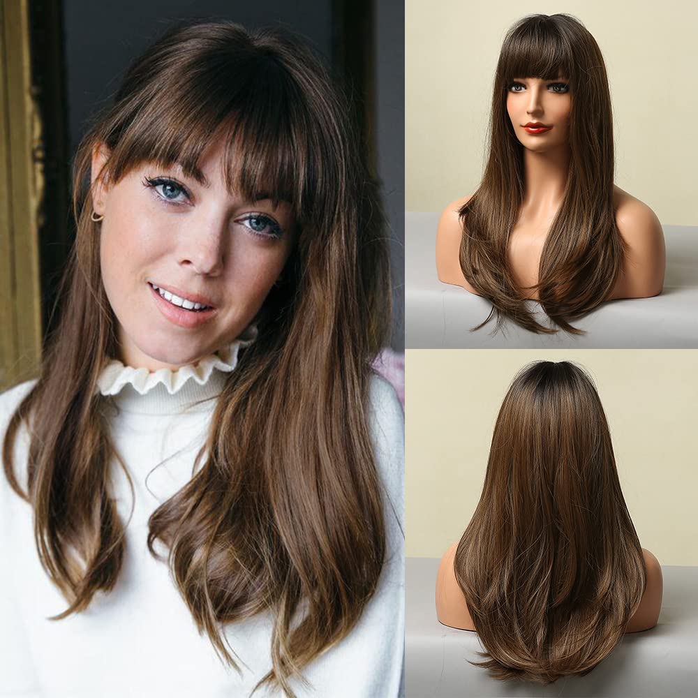 Photo 1 of HAIRCUBE Brown Wigs for Women Long Straight layered Wig with Bangs Heat Resistant Fiber Synthetic Wigs Daily Natural looking