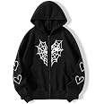 Aobiono Y2K Zip-Up Hoodie – Gothic Spider Web & Heart Design, Oversized Emo Grunge Jacket