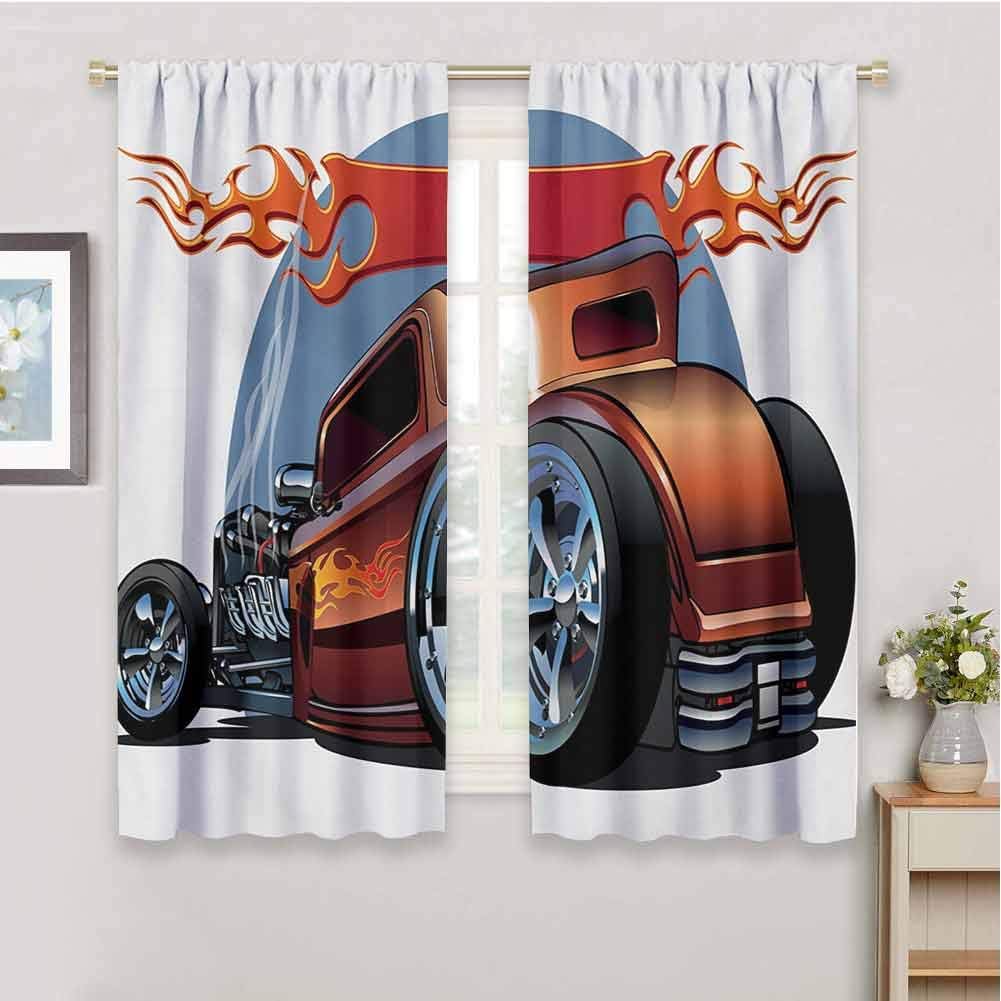 GUUVOR Cars Blackout Curtain Cartoon Hot Rod Antique Customized Classical American Engine Nostalgia Revival 2 Panels W54 x L72 Inch Orange Blue Black