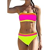 Sexybody Women's Bandeau Bikini Strapless Bikini Neon Color Block Two Piece Whip Stitch Trim Bathing Suits