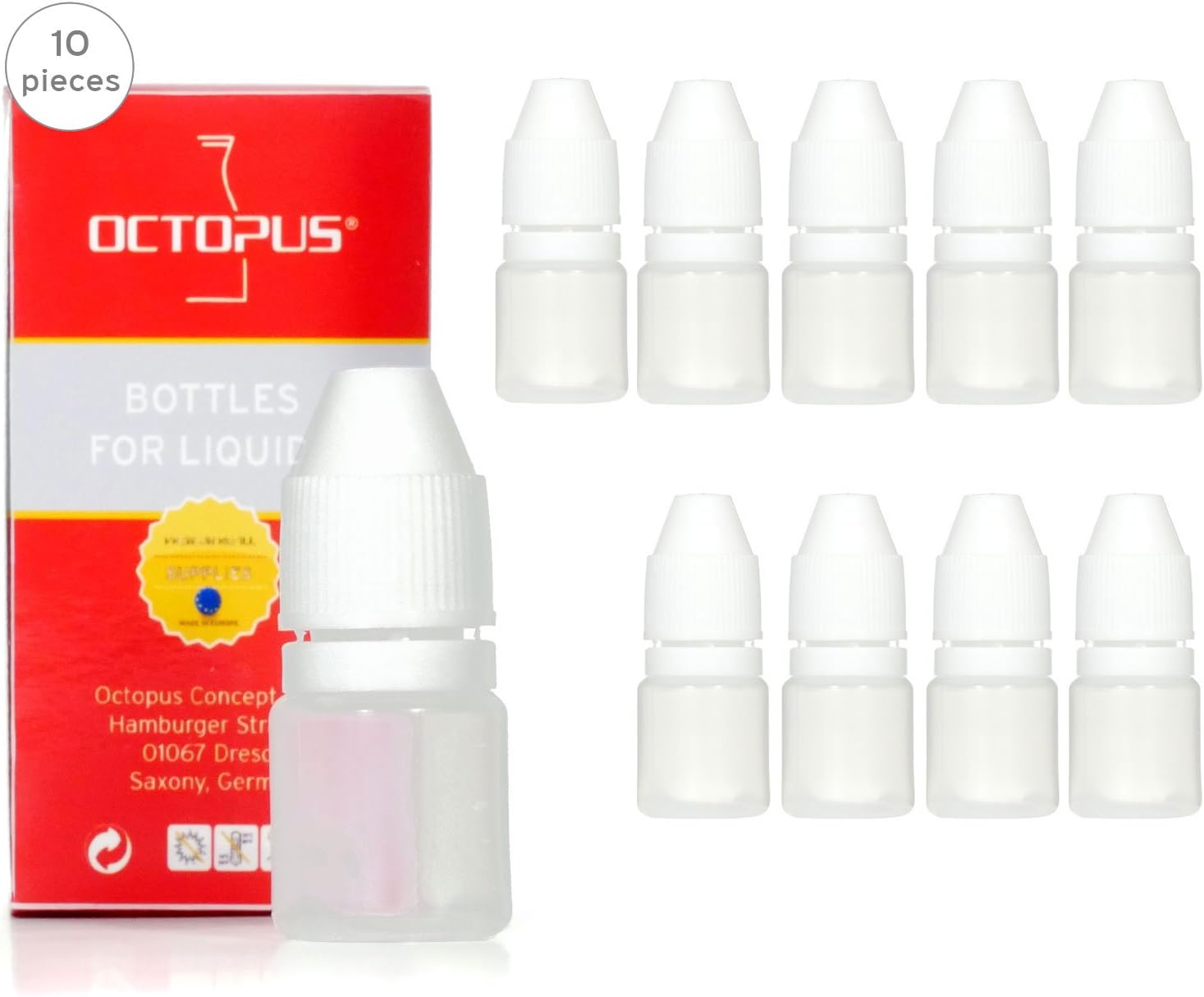Octopus 10 x 3 ml mini dropper bottles for colors serum etc., squeeze bottles with white drip closure