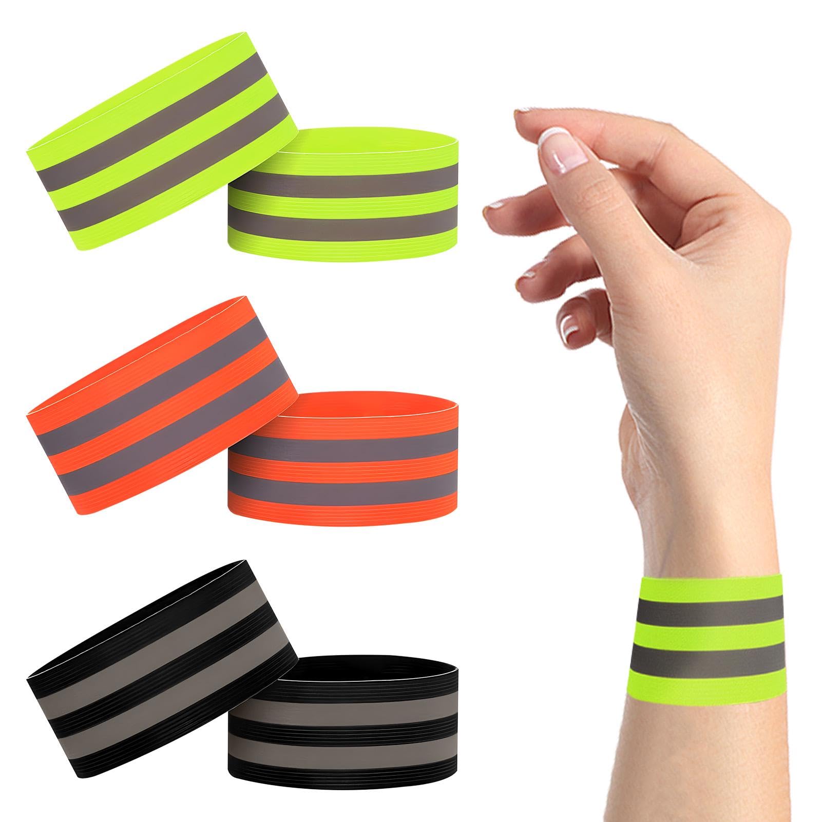 6Pcs Reflective Armbands,High Vis Reflective Band,Elastic Wrist/Ankle Straps Reflective Safety Band for hiking, Running, Biking, Motorcycling, Walking, Jogging, Construction(Green, Black, Orange)