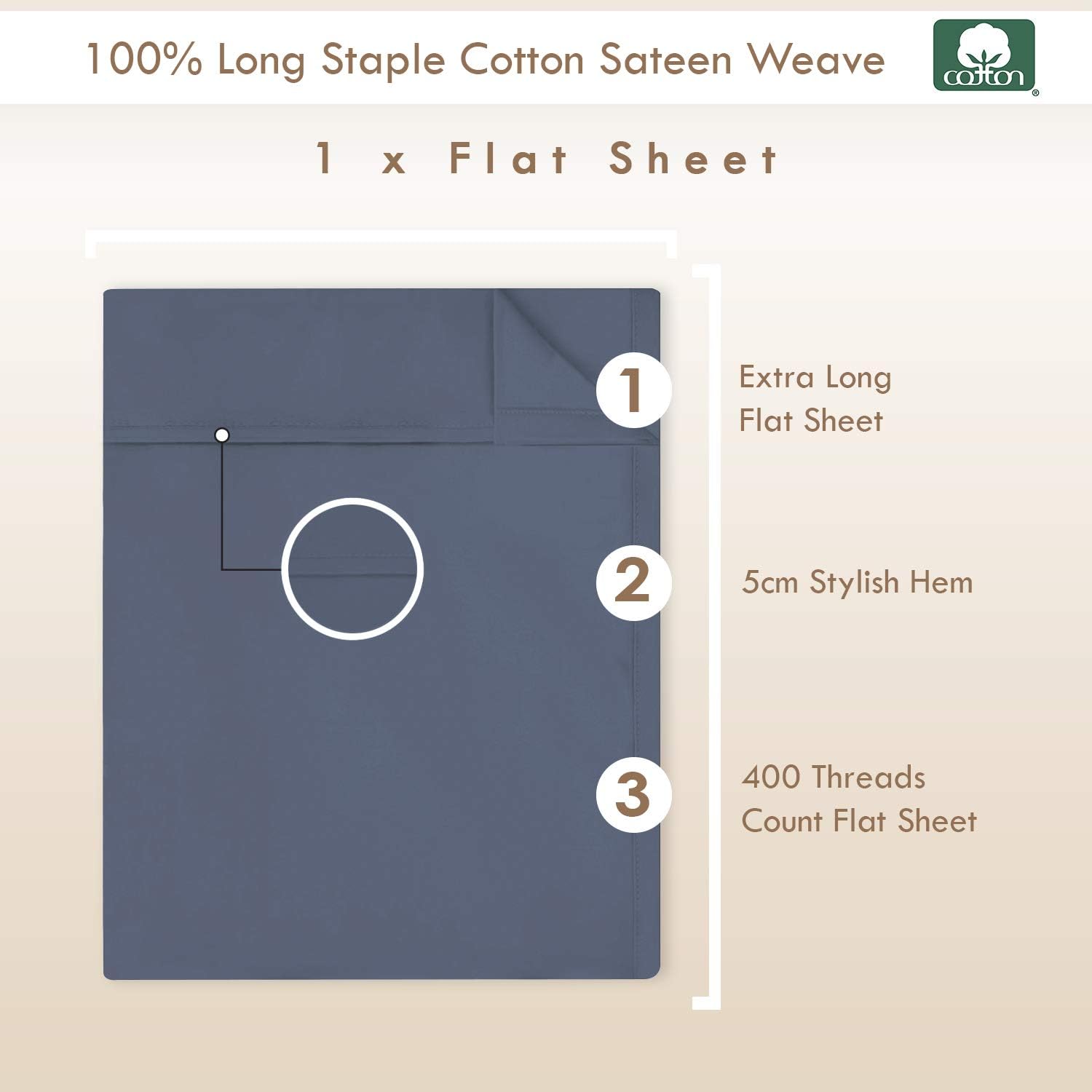 Pizuna 100% Cotton Single Flat Sheet Dark Blue, 400 Thread Count Long Staple Cotton Flat Sheet Single 180x280 cm - Image 4