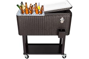 SSLine Portable Rolling Patio Cooler Ice Chest with Wheels Outdoor Cold Drink Beverage Bar Cart with Storage Shelf & Bottle Opener Home Deck Backyard Party Cooler Tub Trolley Cart