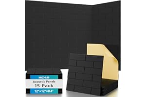 15 Pack Brick Acoustic Panels with Self Adhesive, 12" x 12" x 0.4" High Density Sound Absorbing Foam Panels for Walls, Noise 