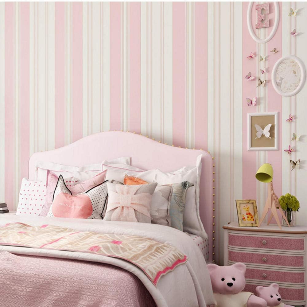 Amazon 子供部屋の壁紙キッズベッドルーム ロマンチックなピンク色のプリンセスルームの環境保護用不織布 ブルーストライプの壁紙紙ロール280cm W X 180 Cm H 壁紙