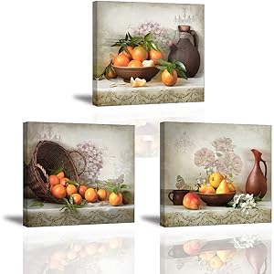 Fruits Canvas Wall Art, Oranges in Basket Pears in Bowl Vintage Picture, Flowers Out of Vase On Talbe Retro Painting, Perfect Combination of Antiques and Fine Art Home Decor for Kitchen Dining Room