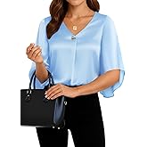 CiCiBird Women's V Neck Silk Blouse with Metal Detail 3/4 Bell Satin Sleeve Shirts Dressy Casual Pleated Tops