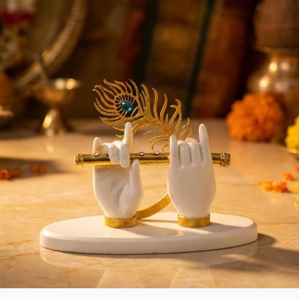 House Of Wemy Lord Krishna Hand Idol with Flute for Home Decor | God Statue for Pooja Room Decoration | 4.5 x 3.5 Inches (White)