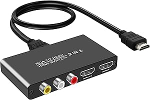 SHEIAIER RCA to HDMI Converter, AV and HDMI to HDMI Adapter 3 in 1 Out, 1 Port RCA and 2 Port HDMI Input Switcher Selector for N64 PS2/3/4 Wii Xbox VHS VCR Blue-ray DVD Players