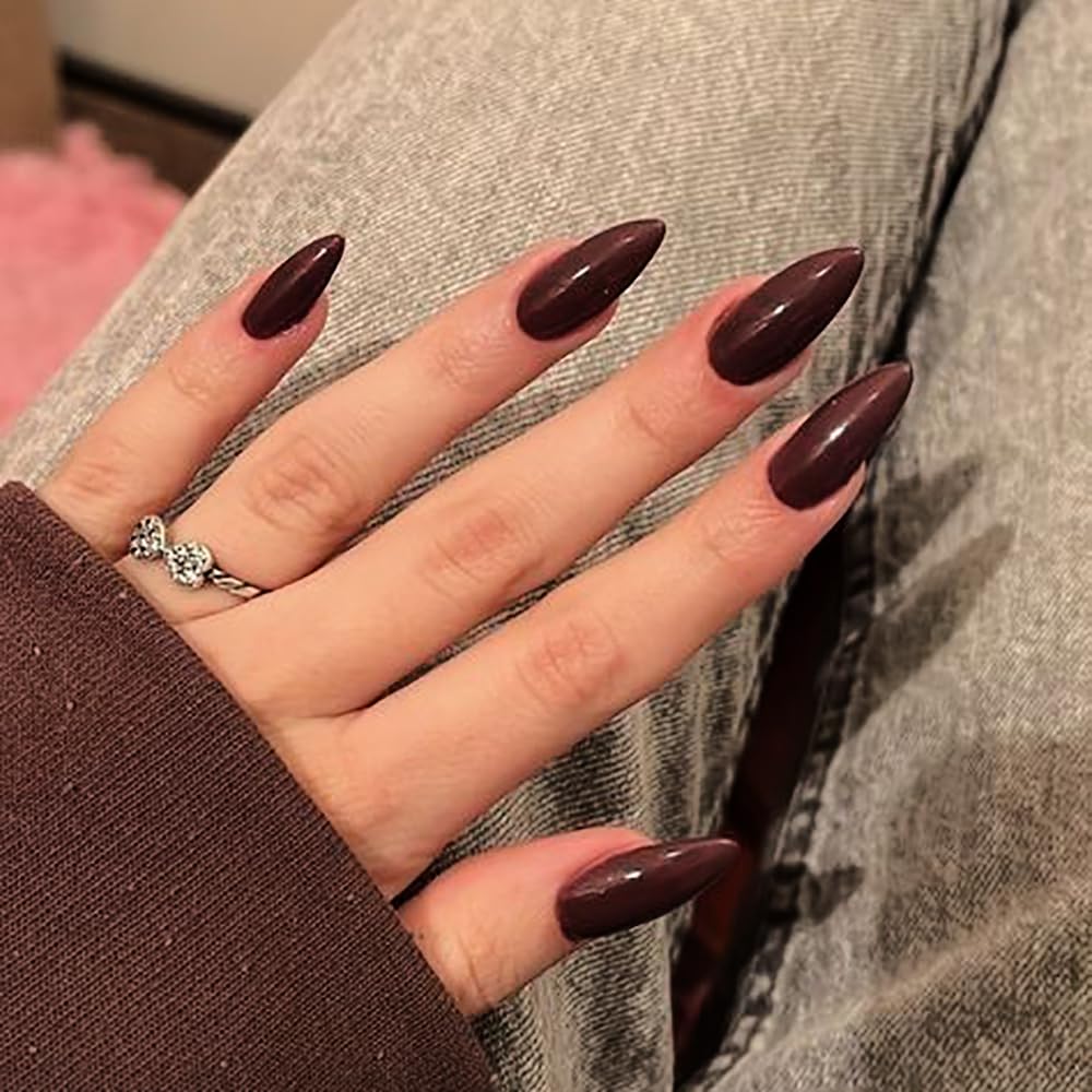 Chocolate Brown Press on Nails Almond Medium, Solid Color Glossy Fake Nails Press Ons Almond Shape, Stick on Nails for Women and Girls Daily Wear in 24PCS - Image 2