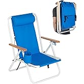 Outvita Folding Beach Chair Adjustable Headrest w/4 Flexible Tilt Angle, Cup Holder Portable High Strength Cleanable Fabric, 