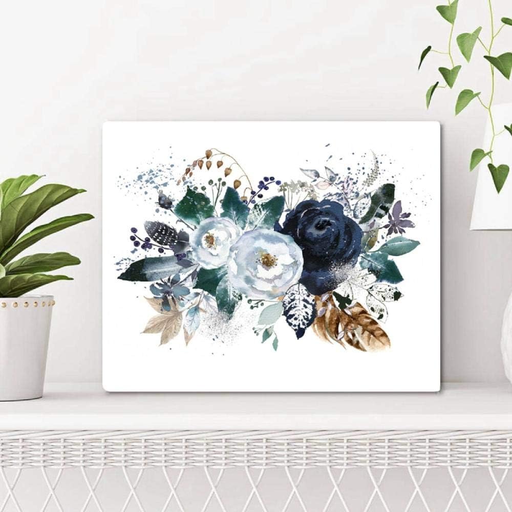 ULOVEH Navy Blue Watercolor Flower Botanical Painting Wall Art Canvas