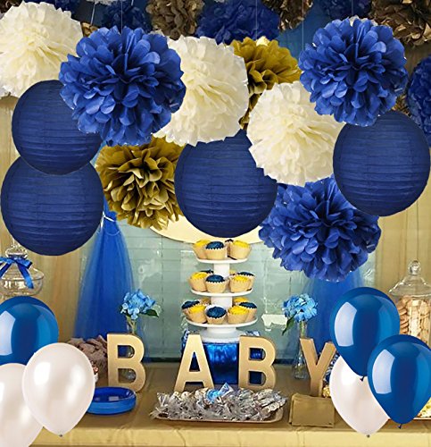 Navy Blue Baby Shower Decorations-Navy Blue Cream Gold Tissue Paper Flowers Pom Poms Paper Lanterns for Royal Prince Birthday Graduation Bridal Shower Bachelorette Party Wedding Engagement Party