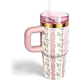 BAISHIDA 14 oz Tumbler with Handle and Straw, Small 14oz Coffee Cup with Lid and Straw Stainless Steel Tumblers, Outdoor Sports Travel School Gift cup(Pink Flower)