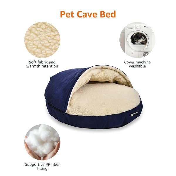 AMAZON BASICS PET CAVE BED FOR DOG, WITH REMOVAL NESTING CAVE COVER, FITS UP TO 35LBS PETS, 30 X 30 X 12.5 INCHES, BLUE
