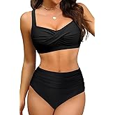 Amy Babe Women's Twist Front Full Coverage Swimsuit V Neck Padded High Waisted Ruched Bikini Set Two Piece Bathing Suit