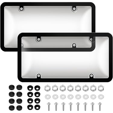 2-Pack Universal Black License Plate Frames With Tinted Smoke Covers & Screw Caps – Car Truck SUV
