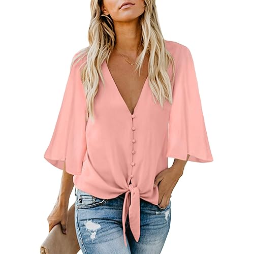 Ecrocoo Women's Casual 3/4 Tiered Bell Sleeve V Neck Print Button Down Loose Tops Blouses Shirt