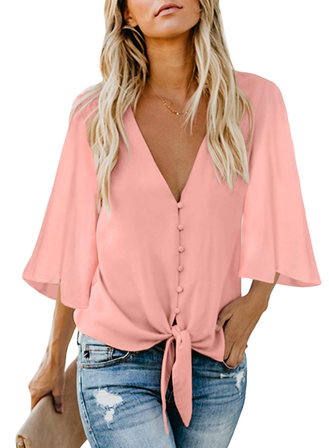 Ecrocoo Women's Casual 3/4 Tiered Bell Sleeve V Neck Print Button Down Loose Tops Blouses Shirt