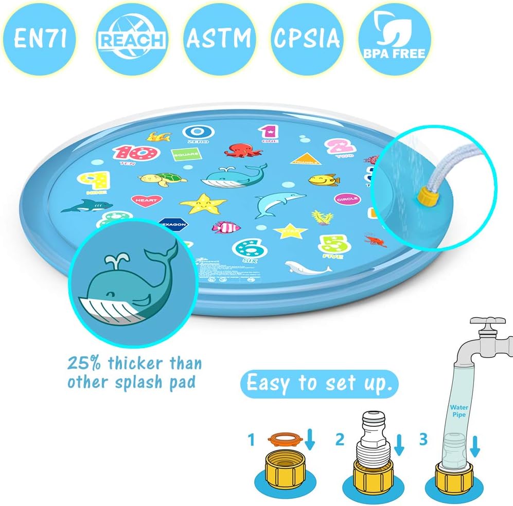Jasonwell Sprinkler for Kids Splash Pad Play Mat 60" Baby Wading Pool for Toddlers Summer Outdoor Water Toys Kids Sprinkler Pool for Boys Girls Children Numbers Learning Age 1 2 3 4 5 6 7 8: Toys & Games