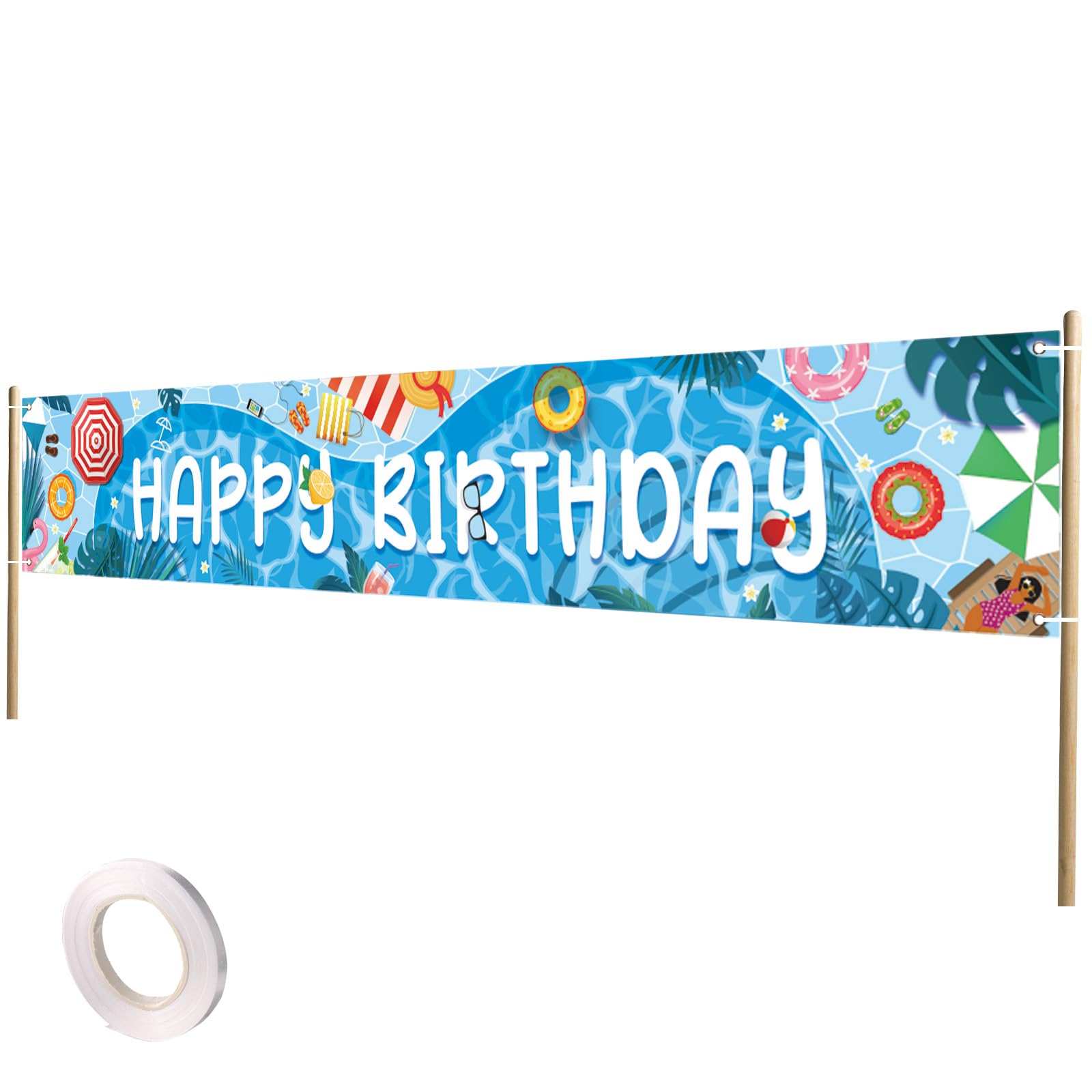 Photo 1 of *Flag ONLY* Happy Birthday Pool Party Banner, 118x20in Summer Swimming Birthday Pool Decorations with Rope Large Size Party Backdrop Banner Supplies