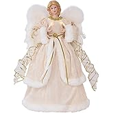 Angel Christmas Tree Topper, 13.7 Inch Angel Tree Topper with Lights, Christmas Tree Topper with White Feather Wings, Xmas Tree Topper for Christmas Decor Home Holiday Party,Apricot