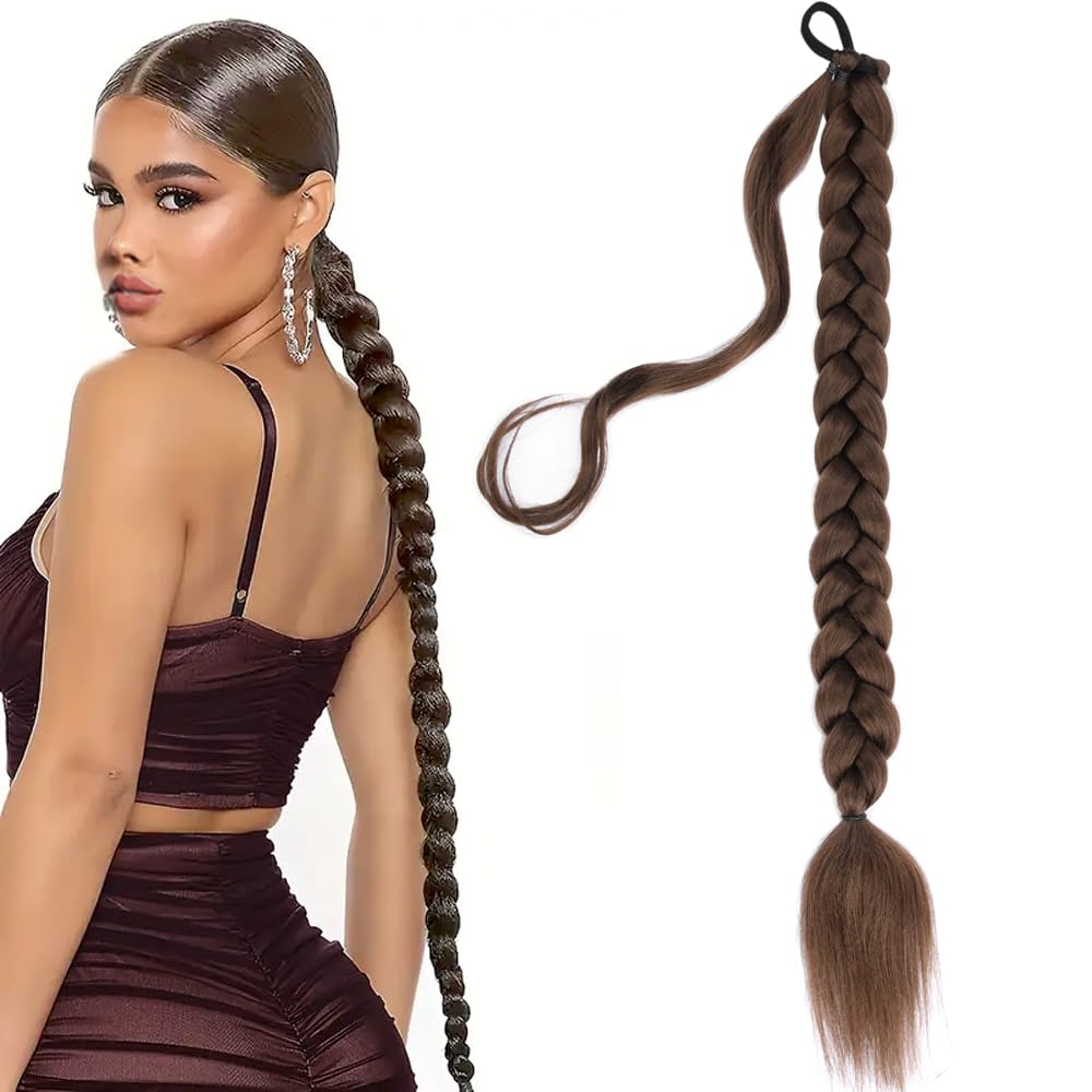 BOBIYA Long Braided Ponytail Extension 30 Inch Pre stretched Braiding Hair Extensions DIY Braid Ponytail Natural Soft Ponytails (Dark Brown)