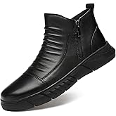 Optigard Men's Italian High-top Casual Leather Boots,Side Zipper Waterproof Non-Slip Warm Fur Lined Business Dress Booties Chelsea Chukka Ankle Boots for Men