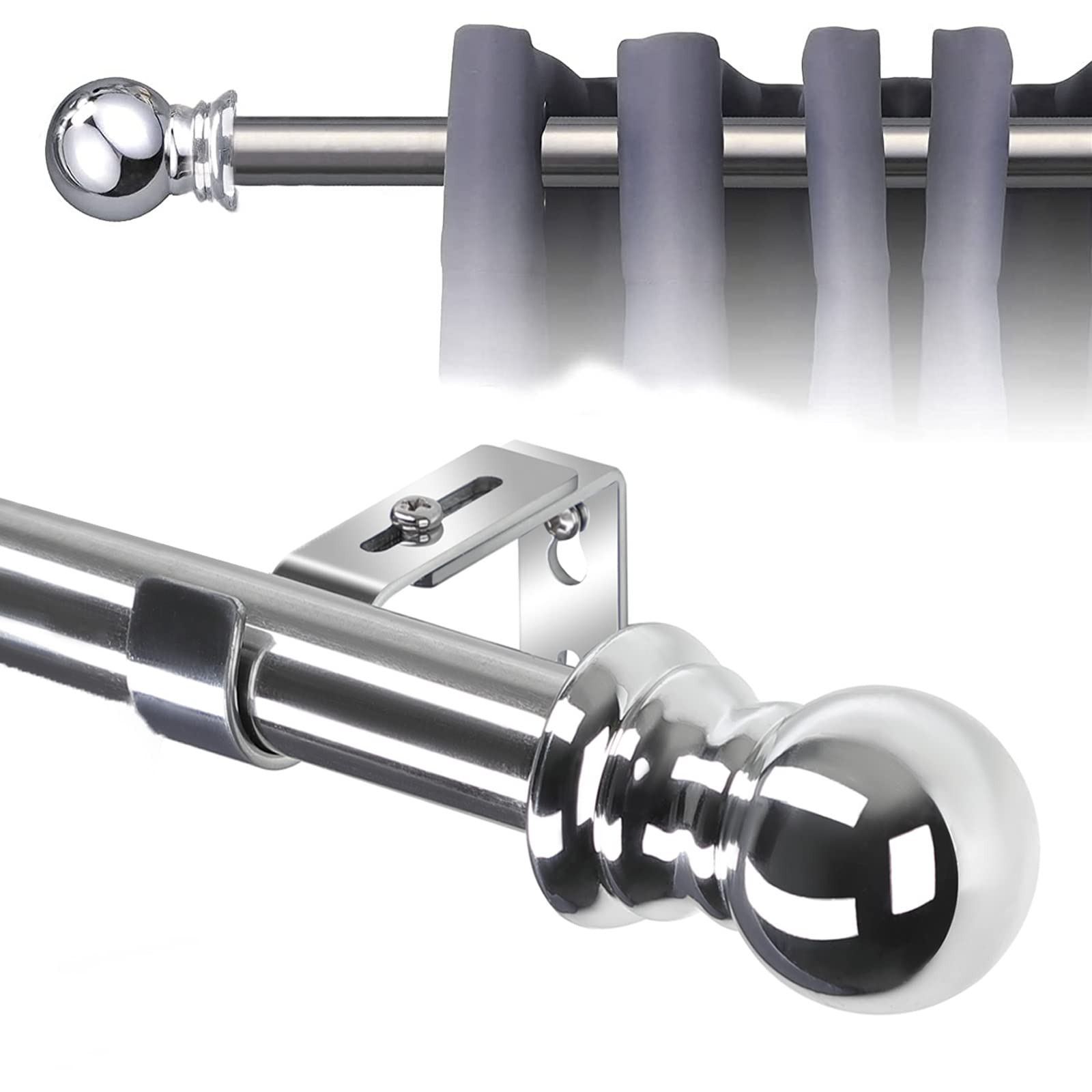 Curtain Poles with Round Finials, 76 to 145 cm Silver Curtain Rod with Brackets Fittings Set Door Curtain Pole