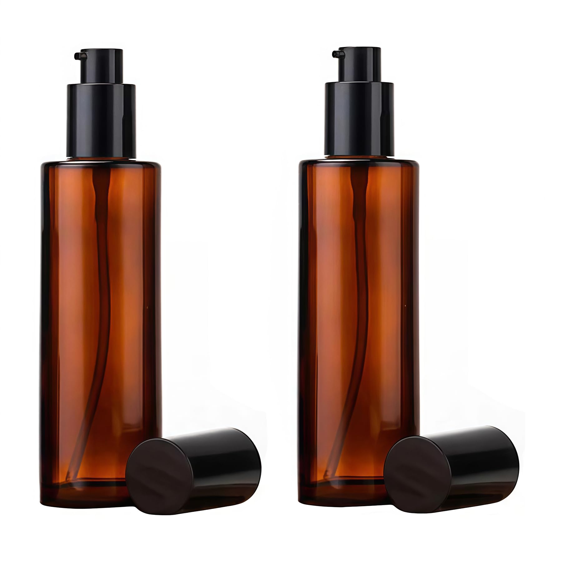 2PCS 120ml/4oz Empty Refillable Amber Glass Lotion Pump Press Bottles Soap Dispensers Containers Jars with Black Cap for Foundation Cream Makeup Removel Oil Shampoo