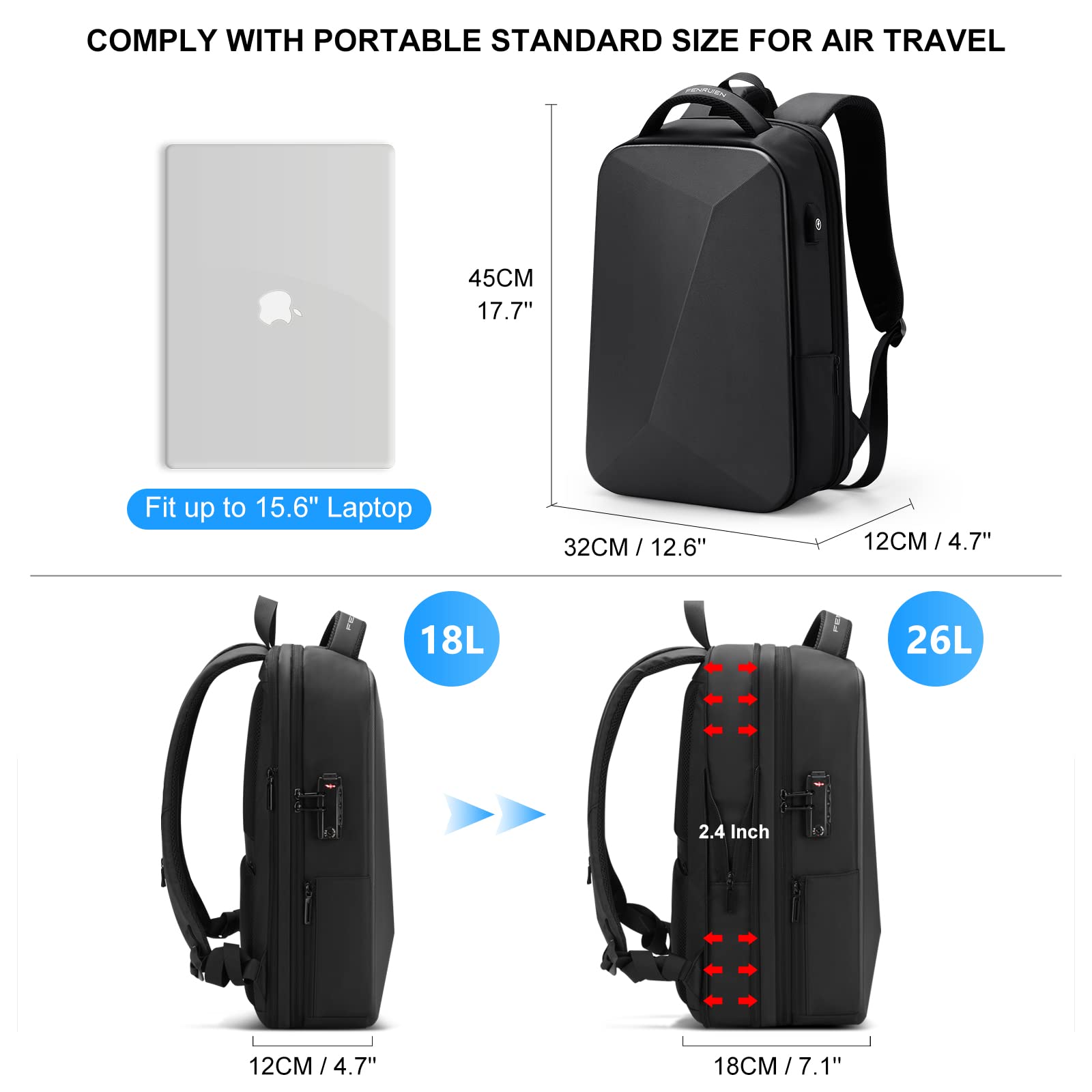 FENRUIEN Anti-Theft Hard Shell Backpack 15.6-Inch,Expandable Slim Business Travel Laptop Backpack for Men,Water Resistant Black Laptop Bag with USB Port