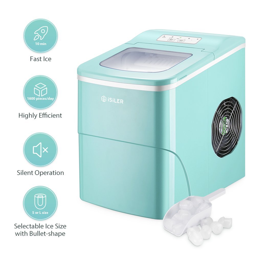 ISILER VD-22769GNEP Portable Counter Top Maker Machine Makes 26.4 lbs per 24 Hours, 9 Ready in 7 Minutes, X L Ice Cubes Size Electr, Turquoise