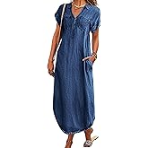 CHOUYATOU Women's Summer Notch Neck Short Sleeve Denim Dress Business Casual Jean Tunic Shirt Dress