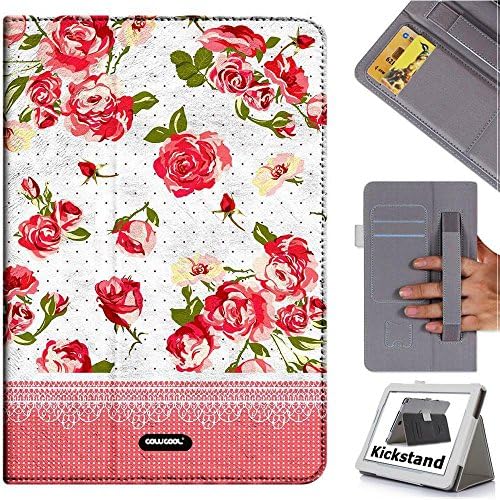Cowcool(R) Lenovo tab2 A10-70F Folio Non Slip Elastic Hand Strap Dermis Cowhide Leather Card Slot Kickstand Closure Holster Case, Pink Polka Dots Flowers (MD15)