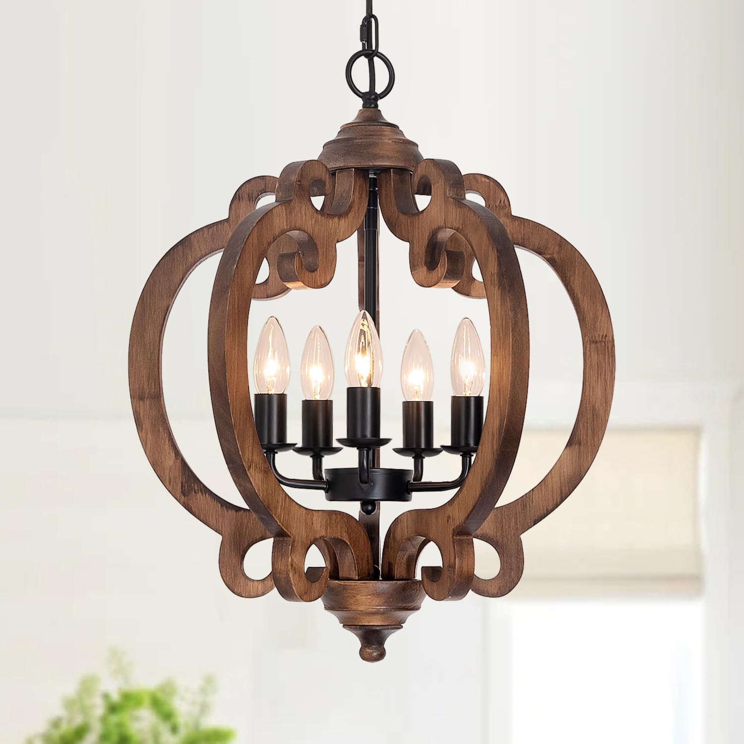 Photo 1 of 17.72'' Farmhouse Wood Chandelier, 5-Light Rustic Dining Room Light Fixture, Farmhouse Hanging Pendant Lighting, Vintage Orb Chandeliers for Kitchen Island Foyer Living Room Bedroom