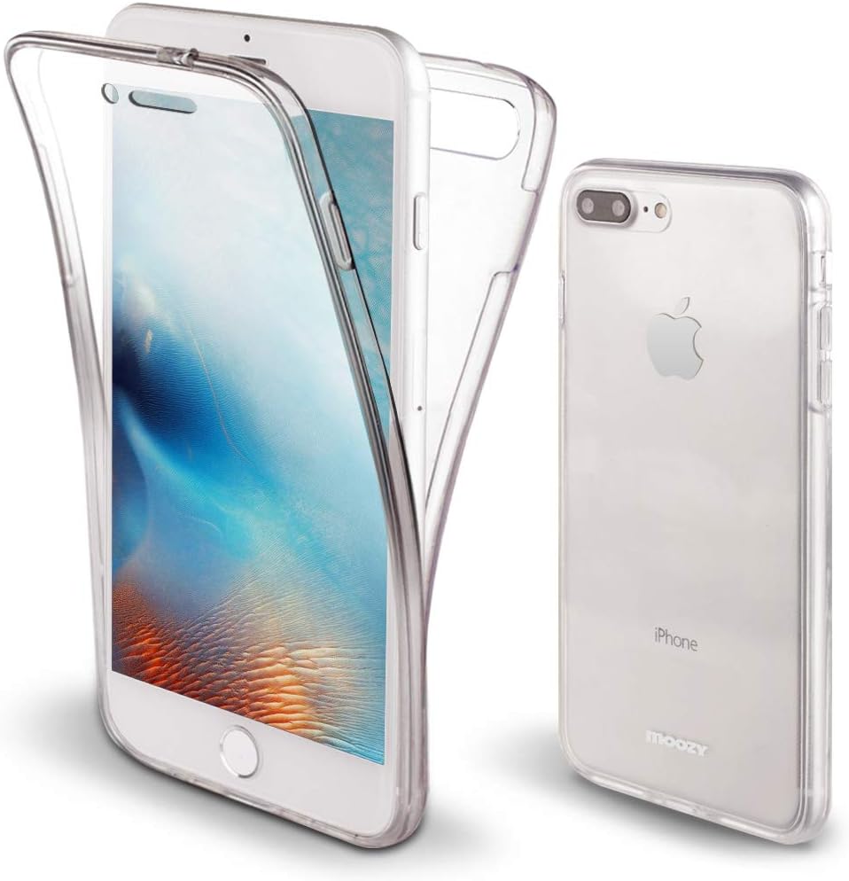 Moozy 360 Degree Case for iPhone 8 Plus, iPhone 7 Plus - Transparent Silicone Full body Front and Back All-Around Protective Case Slim Clear Transparent TPU Silicone Gel Cover