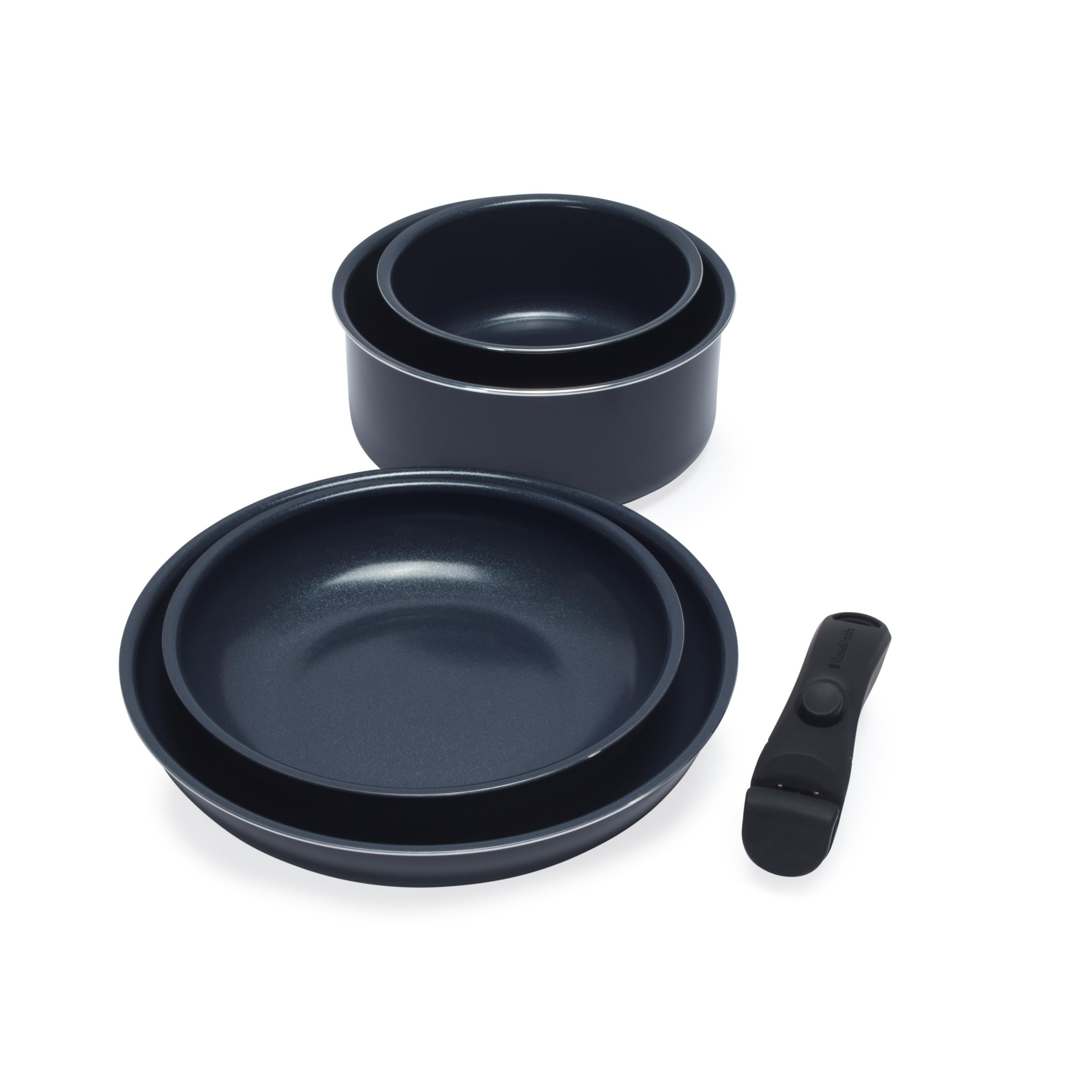 Russell Hobbs RH03319EU7 Smart Clip Pot and Pan Set – 5 Piece Ceramic Non-Stick Frying Pans & Saucepans with Detachable Handle, Stackable Design, PFAS-Free, Induction Oven Safe, Marine, Navy Blue