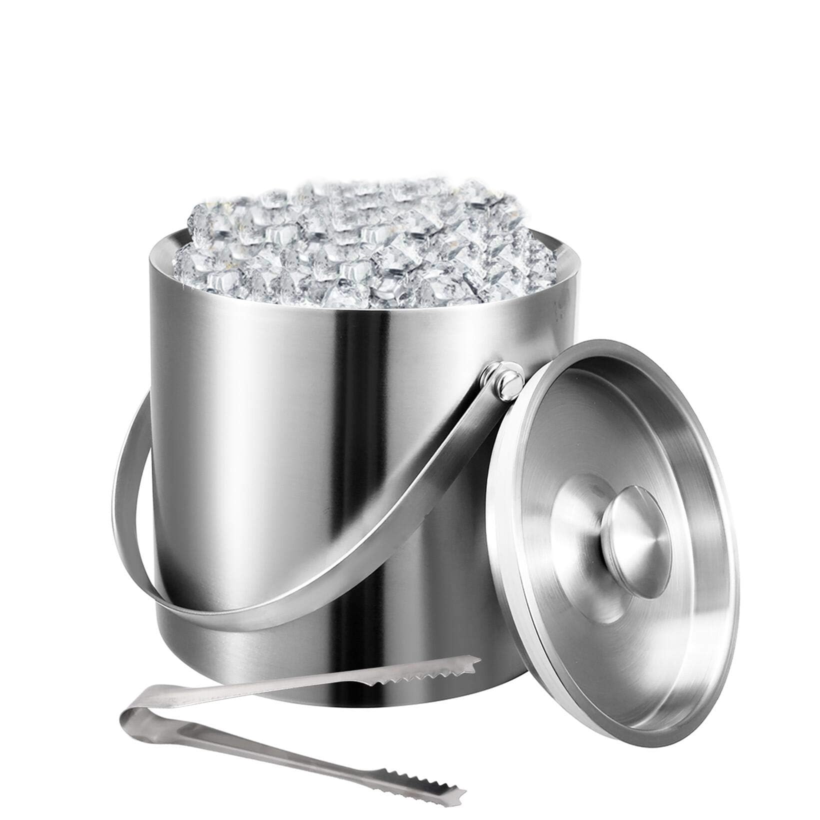 Double Walled Stainless Steel Insulated Ice Bucket with Removable Lid AndIce Tong,1.6 L Double Wall Ice Bucket, for Home Bar, Restaurant, BBQ, Parties, Clubs