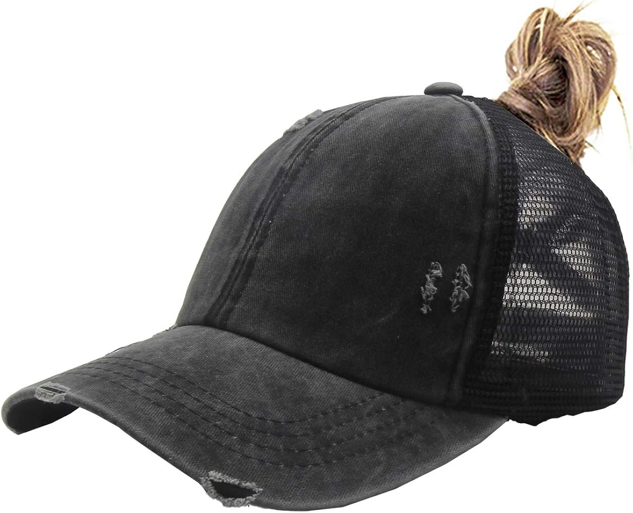 Criss Cross Baseball Caps, Women Ponytail Mesh Hat Distressed High Messy Bun Trucker Ponycap (Black, One Size) at  Women’s Clothing store